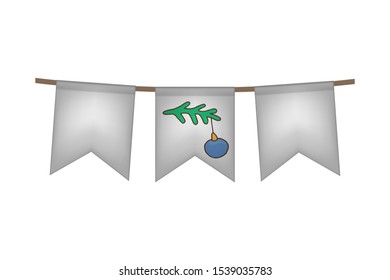 Christmas and new year flag garland. White decoration. Vector illustration. Christmas tree with toy.