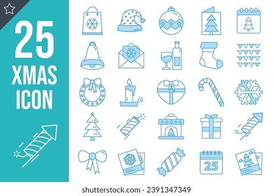 Christmas and New Year Flat Blue Line Icon Set Vector Illustration Isolated on Transparent Background