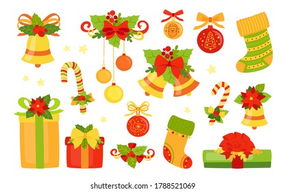 Christmas and New Year flat collection. Set holly ribbon, bells gift, lollipop candle, mistletoe. Holiday xmas cartoon design. Celebration objects New year collection. Isolated vector illustration
