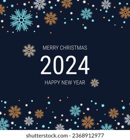 Christmas and New Year flat design vector background with stars and snowflakes. Design for banner, square flyer, invitation card, coupon, voucher