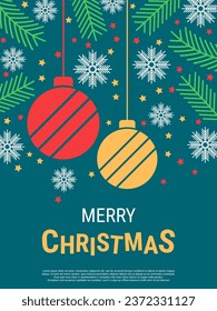 Christmas and New Year flat design style vector background with stars and snowflakes. Design for banner, flyer, invitation card, coupon, voucher