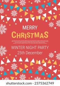 Christmas and New Year flat design style vector background with stars and snowflakes. Design for banner, flyer, invitation card, coupon, voucher