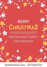Christmas and New Year flat design style vector background with stars and snowflakes. Design for banner, flyer, invitation card, coupon, voucher