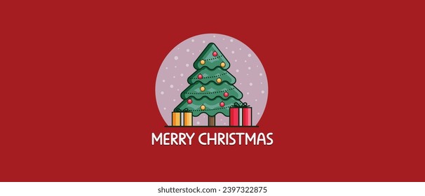 Christmas and New Year flat design greeting card. Christmas Banner. Christmas tree, Christmas wreath, and Santa. Vector flat illustration.