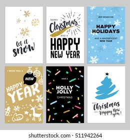 Christmas and New Year flat design greeting cards set. Hand drawn vector illustrations for greeting cards, website and mobile banners, marketing material. 