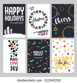 Christmas and New Year flat design greeting cards set. Hand drawn vector illustrations for greeting cards, website and mobile banners, marketing material. 