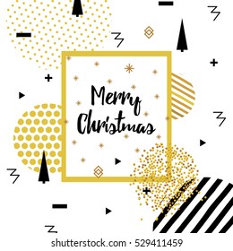 Christmas and New Year flat design greeting cards with Square Frame. Memphis style. Golden vector illustrations for  website and mobile banners, marketing material