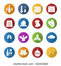 Christmas and New Year flat design long shadow icons set. Jingle bells, temperature falling, Xmas tree garland and ball, mistletoe, rooster, New Year party and shopping. Vector silhouette illustration