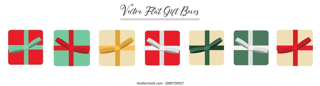 Christmas and New Year Flat Gift Collection isolated on white background. Christmas colors gift box set.