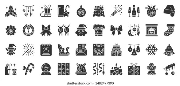 Christmas and New year flat glyph silhouette icons set. Xmas symbol, simple shape pictogram collection. Winter season design element. Holiday black stamp sign isolated icon concept vector illustration