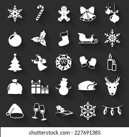 Christmas and New Year flat icons isolated on a dark background. Set of 25 white symbols with long shadows. Collection of silhouette elements for your design. Vector illustration.