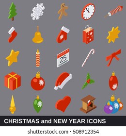 Christmas and New Year flat isometric cartoon vector icons collection