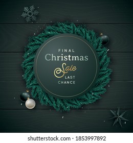 Navidad y Año Nuevo la laica era composición. Plantilla de diseño de vectores con correa de abeto y decoración festiva para invitación, tarjetas de felicitación, banners de venta.