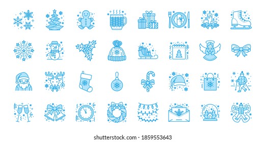 Christmas, new year flat line icons. Winter holidays - pine tree gift, snowman, santa claus, fireworks, angel. Vector illustration, signs for celebration xmas party. Blue color, Editable Stroke.
