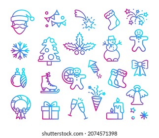 Christmas, new year flat line icons. Winter holidays - pine tree gift, snowman, santa claus, fireworks, angel. Vector illustration, signs for celebration xmas party.