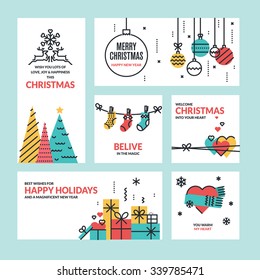 Christmas and New Year flat line design collection for greeting cards, website banners and badges, marketing material.