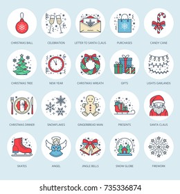 Christmas, new year flat line icons. Winter holidays - pine tree gift, snowman, santa claus, fireworks, angel. Vector illustration, signs for celebration xmas party.