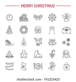 Christmas, new year flat line icons. Winter holidays - pine tree gift, snowman, santa claus, fireworks, angel. Vector illustration, signs for celebration xmas party.