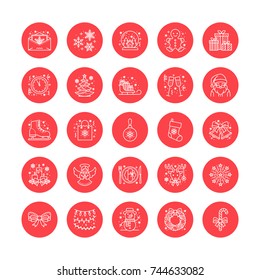 Christmas, new year flat line icons. Winter holidays - pine tree gift, snowman, santa claus, fireworks, angel. Vector illustration, signs for celebration xmas party.