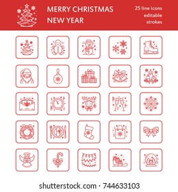 Christmas, new year flat line icons. Winter holidays - pine tree gift, snowman, santa claus, fireworks, angel. Vector illustration, signs for celebration xmas party.
