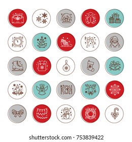 Christmas, new year flat line icons. Winter holidays - tree gift, snowman, santa claus, fireworks, angel. Vector illustration signs for celebration xmas party.