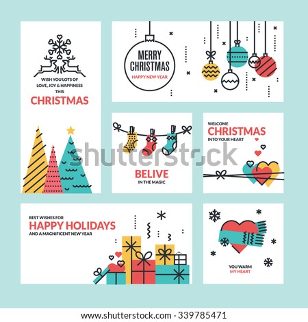 Christmas and New Year flat line design collection for greeting cards, website banners and badges, marketing material.