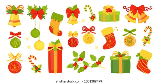 Christmas and New Year flat set. Winter holiday cartoon design. Holly ribbon, bells gift, lollipop candle, mistletoe. Celebration New year objects greeting collection. Isolated vector illustration