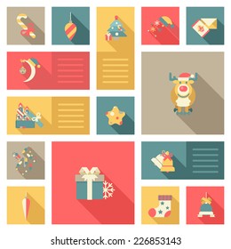 Christmas and New Year flat style decorations and labels icon set. Deer or reindeer, moon in hat, candy, gift, bell and postcard. Collection of holiday web icons and infographic elements.