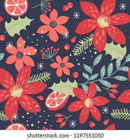 Christmas And New Year Floral Seamless Pattern For Wrap Paper Or Fabric Design With Branches, Berries And Flowers.