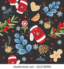 Christmas and New year floral seamless pattern for cards, fabric and wrapping paper with berries and flowers, twigs and winter elements.