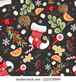 Christmas and New year floral seamless pattern for cards, fabric and wrapping paper with berries and flowers, twigs and winter elements.