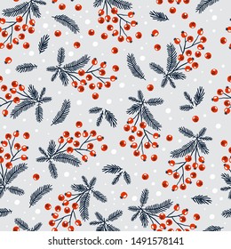 Christmas and New year floral seamless pattern for wrap paper or fabric design with branches and berries. Trendy vintage style.