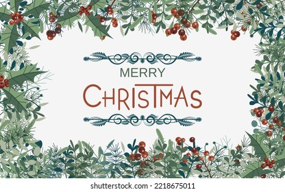 Christmas and New Year floral style vector illustration. Design for horizontal flyer, banner, poster, invitation card, booklet