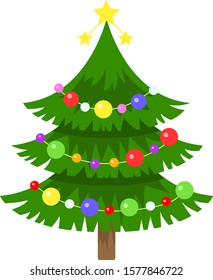 Christmas / New Year fluffy tree with garlands, colorful balls and three yellow stars on top, vector graphics, vector illustration