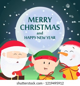 Christmas and New Year flyer design. Happy Santa Claus, snowman and elf holding gifts and dancing. Night and snow in background. Template can be used for banners, posters, postcards