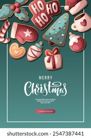 Christmas and New Year flyer with gingerbread cookies in the form of Santa hat, candy cane, Christmas ball, cup, gift, house, Christmas tree. Vector illustration for greeting card, banner, poster.