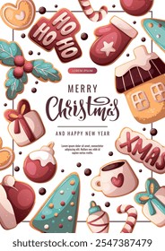 Christmas and New Year flyer with gingerbread cookies. Vector illustration for greeting card, banner, poster, flyer.