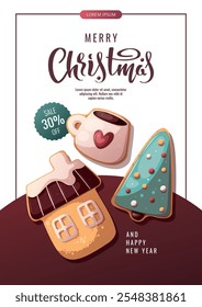 Christmas and New Year flyer with gingerbread cookies in the form of Christmas tree, house, mug. Vector illustration for greeting card, banner, poster.