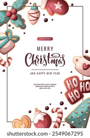 Christmas and New Year flyer with gingerbread cookies. Vector illustration for greeting card, banner, poster, flyer.