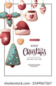 Christmas and New Year flyer with gingerbread cookies in the form of Santa hat, candy cane, Christmas ball, cup, holly, Christmas tree. Vector illustration for greeting card, banner, poster.