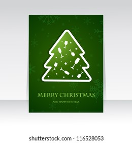 Christmas or new year flyer with green fir tree from champagne wine glasses and stars