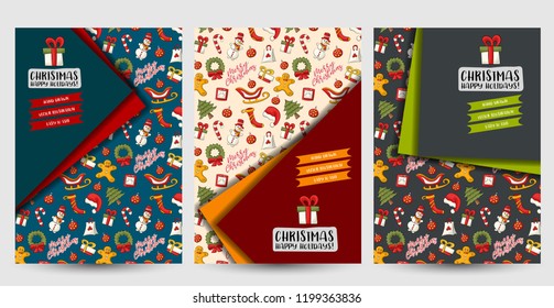 Christmas and New Year flyer or posters set. Background for advertisement, menu, brochure template. Hand drawn doodle cartoon style modern winter holidays decoration concept. Vector illustration.