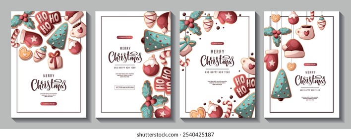 Christmas and New Year flyer set with gingerbread cookies. Vector illustration for greeting cards, banners, posters, flyers.