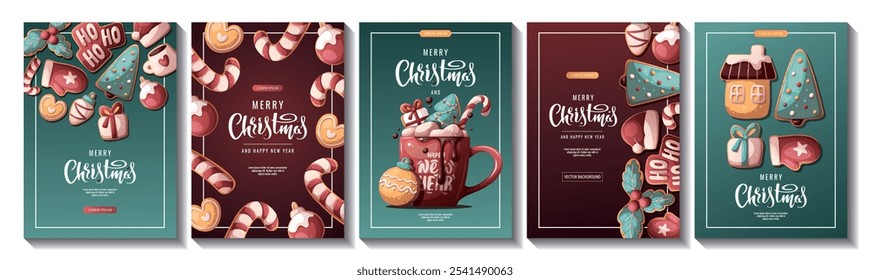 Christmas and New Year flyer set with gingerbread cookies and hot chocolate. Vector illustration for greeting cards, banners, posters, flyers.