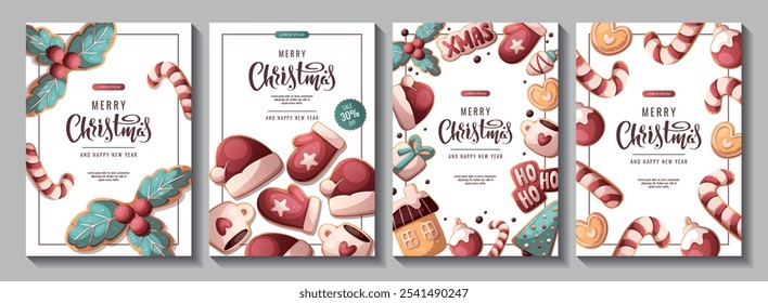 Christmas and New Year flyer set with gingerbread cookies. Vector illustration for greeting cards, banners, posters, flyers.