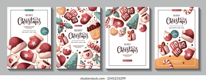 Christmas and New Year flyer set with gingerbread cookies. Vector illustration for greeting cards, banners, posters, flyers.