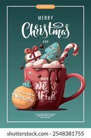 Navidades y folleto de Año Nuevo con chocolate caliente y galletas de jengibre. Ilustración vectorial para tarjetas de felicitación, Anuncios, carteles, volantes.