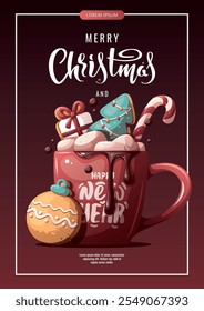 Christmas and New Year flyer set with hot chocolate and gingerbread cookies. Vector illustration for greeting cards, banners, posters, flyers.