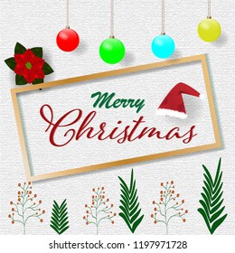 Christmas and New Year font in wooden frame Along with flashing lights and flowers, with colorful balls.