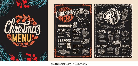 Christmas And New Year Food Menu Template For Restaurant On Chalkboard Background. Vector Illustration For Holiday Celebration. Design Background With Hand-drawn Lettering And Festive Vintage Graphic.